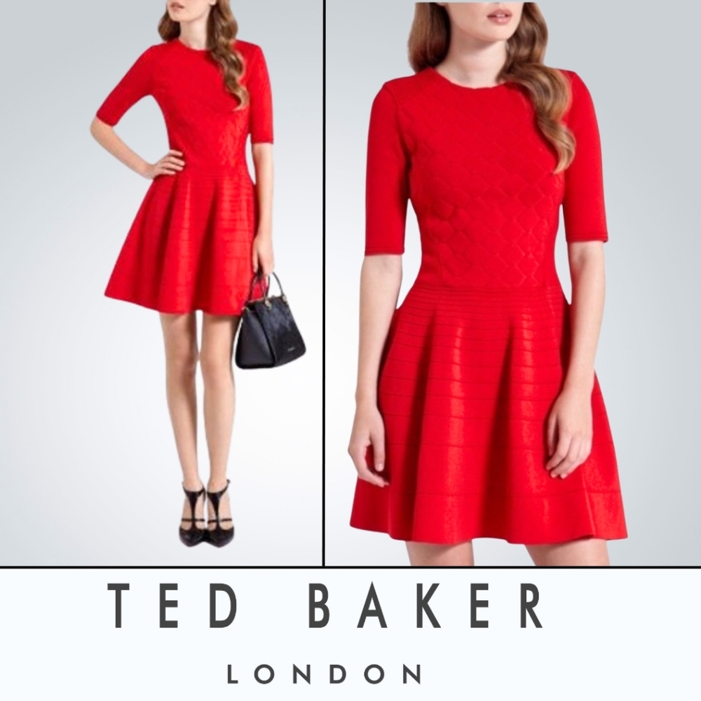 Ted Baker Red Sanvie Knit Textured Crewneck Skater Mini Dress Womens Size 0=US 2